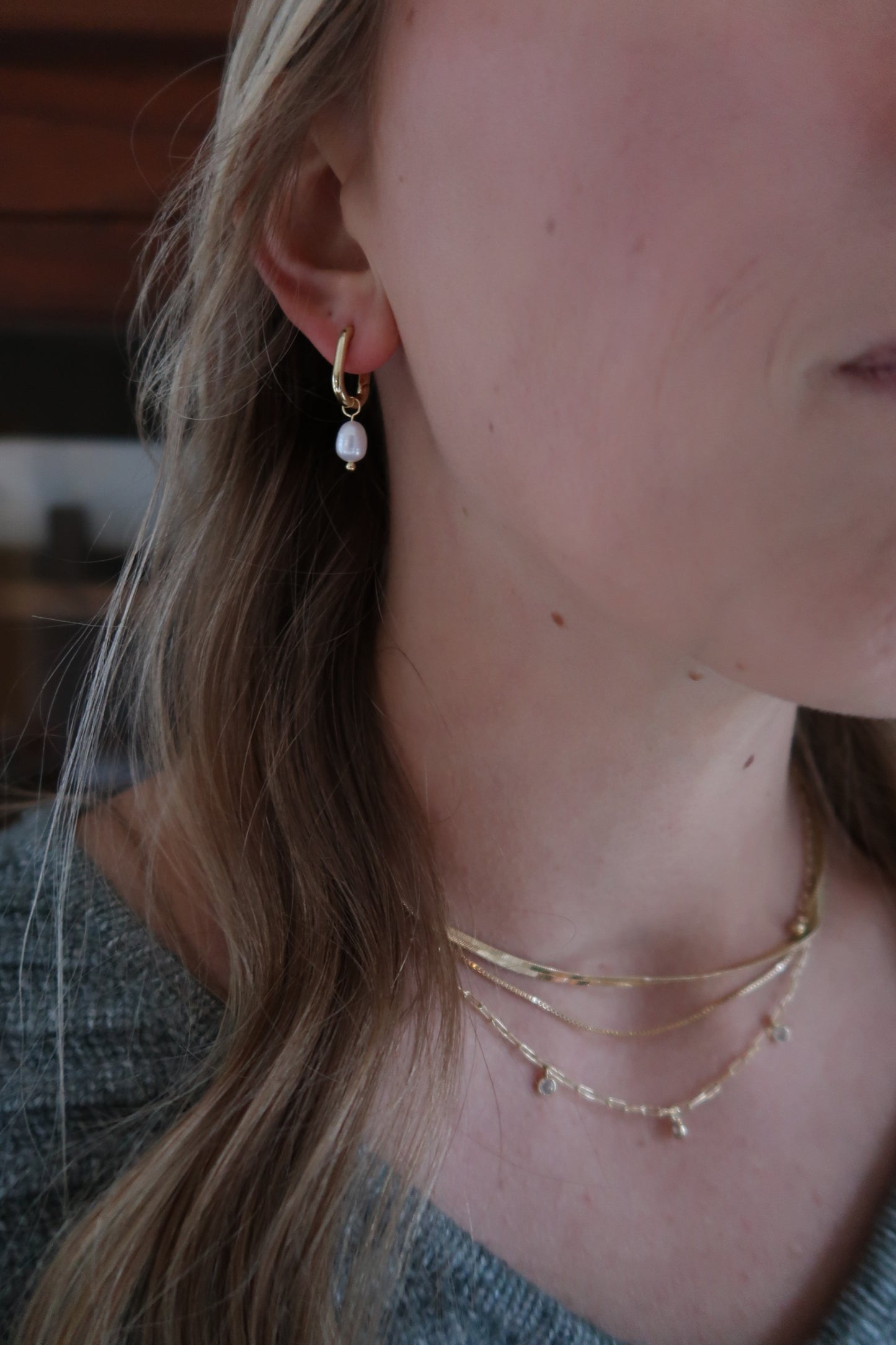 Pearl Drop Oval Hoop Earrings