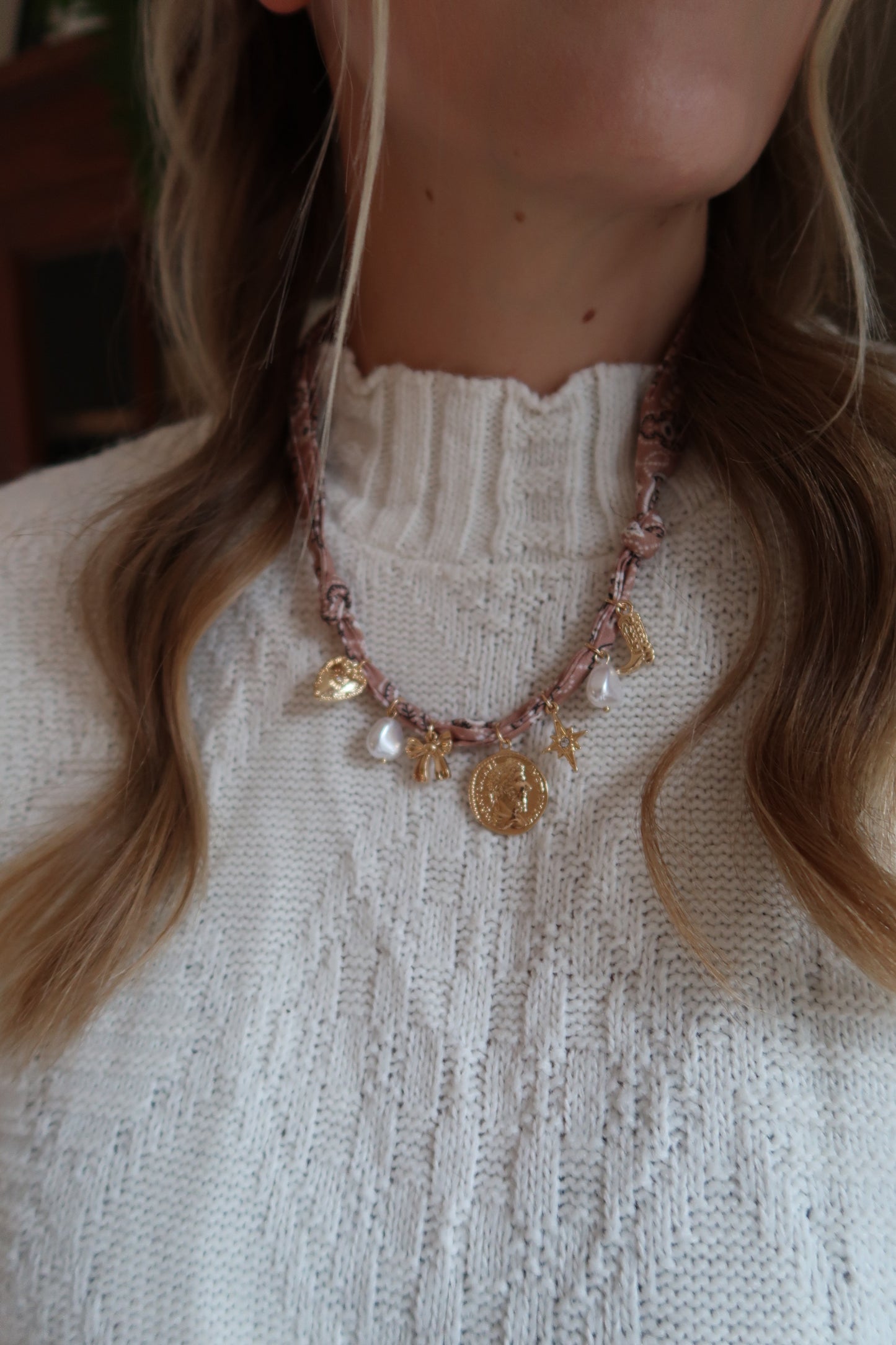 Bow Pearl and Coin Charms Bandana Necklace