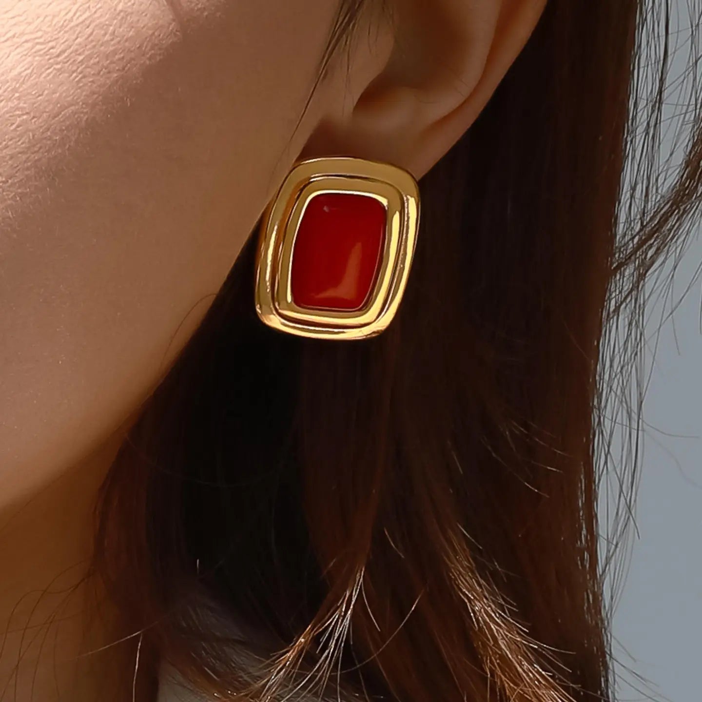 Petra 18K Gold Non-Tarnish Classic Square Stone Earring - Red