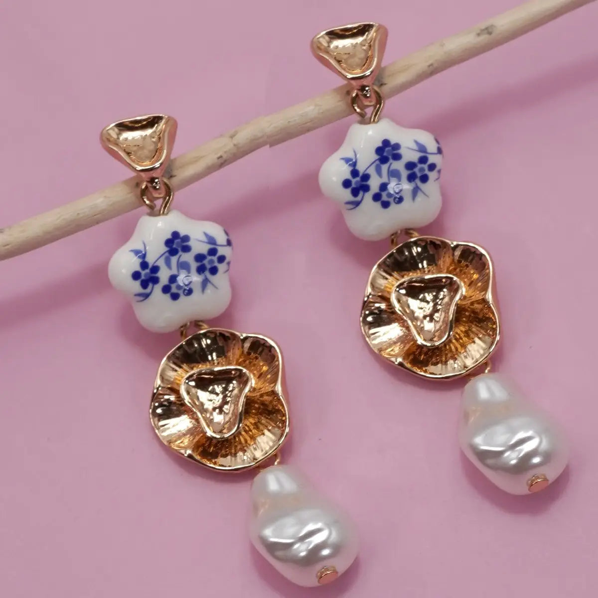 Blue Ceramic Porcelain Gold Pearl Drop Earrings