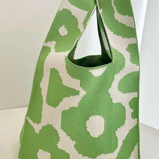 Green Floral Polyester Knitted Bag