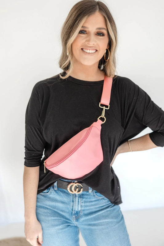 Light Pink Nylon Sling Bum Hip Bag with Strap