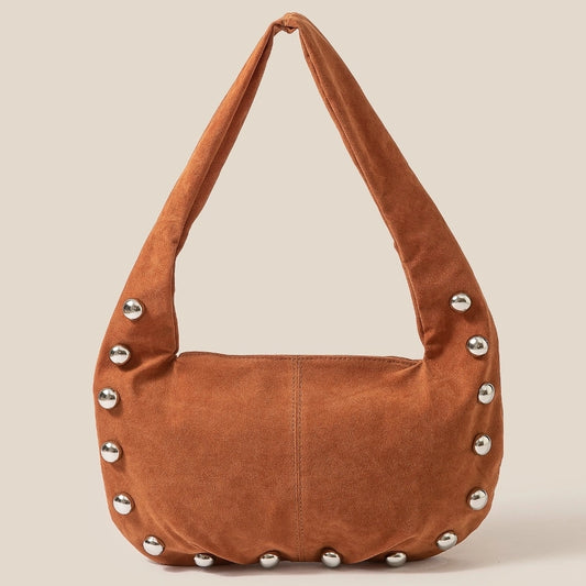 Metallic Sphere Studded Soft Hobo Shoulder Bag