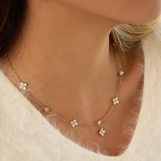 Aveline 18K Gold Non-Tarnish Cz Floral Chain Necklace