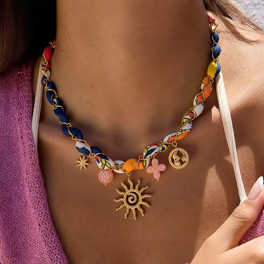 Sedona 18K Gold Non-Tarnish Sun Charm Braided Necklace