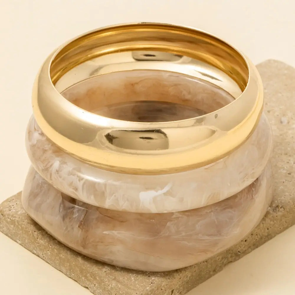 3 Piece Metallic and Marble Resin Bangle Bracelet Set