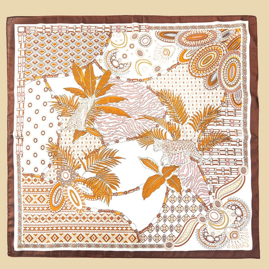 Brown Geometric Leaf Pattern Square Bandana Scarf