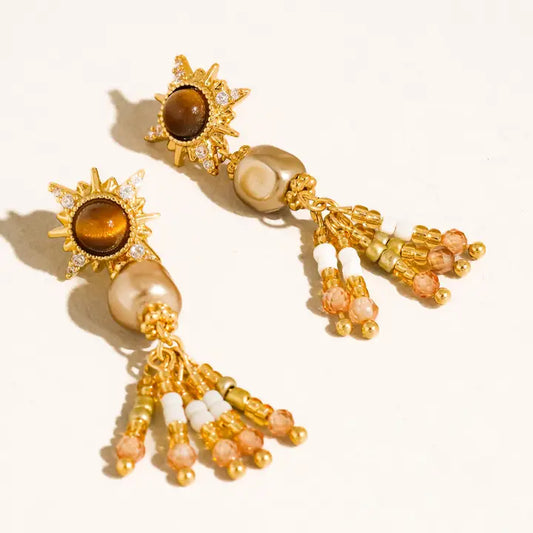 Lalique 18K Gold Vintage Pearl Sunburst Drop Earrings