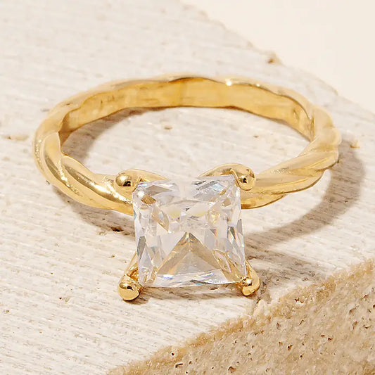 Princess Cut Rhinestone Twisted Metallic Band Ring