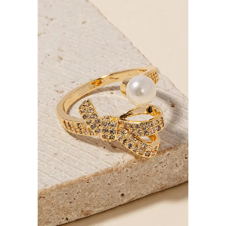 Pave Ribbon Bow Pearl Wrap Ring