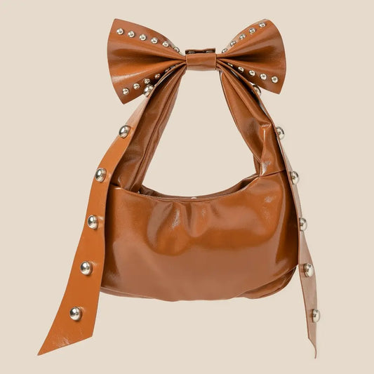Ribbon Bow Grommeted Leather Hand Bag