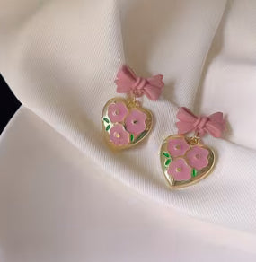 Pink Heart Bow Studs