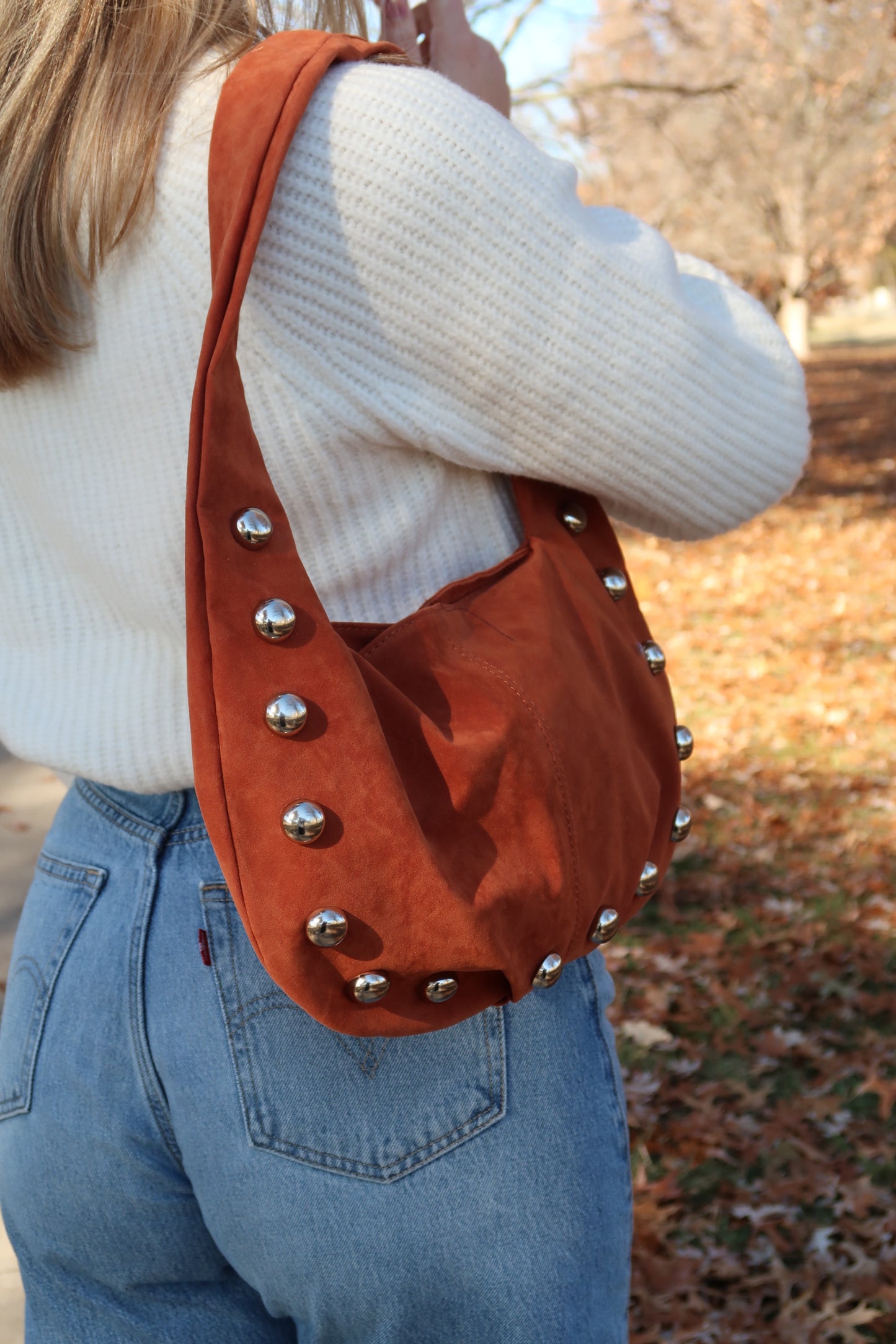 Metallic Sphere Studded Soft Hobo Shoulder Bag