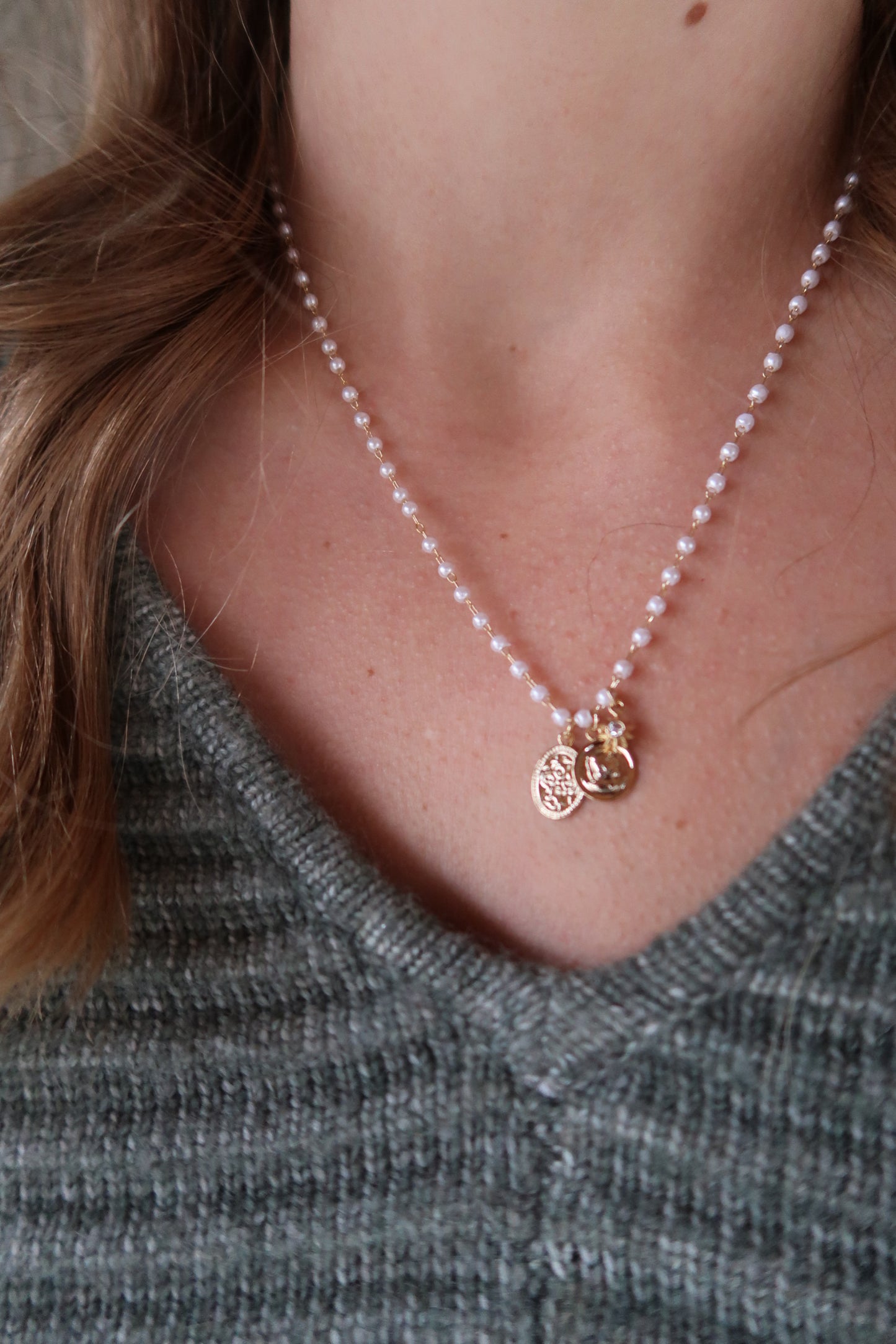 Multi Charms Pearl Station Chain Necklace