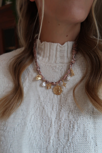 Bow Pearl and Coin Charms Bandana Necklace