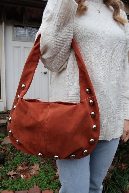 Metallic Sphere Studded Soft Hobo Shoulder Bag