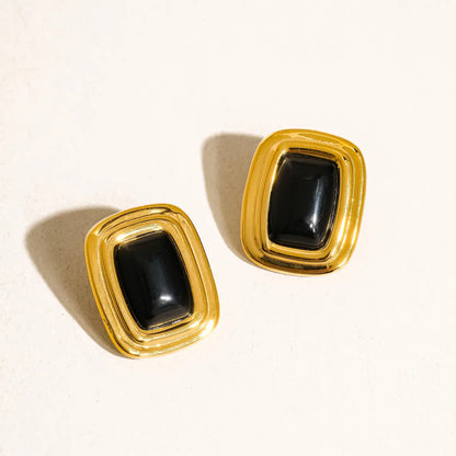 Petra 18K Gold Non-Tarnish Classic Square Stone Earring - Black