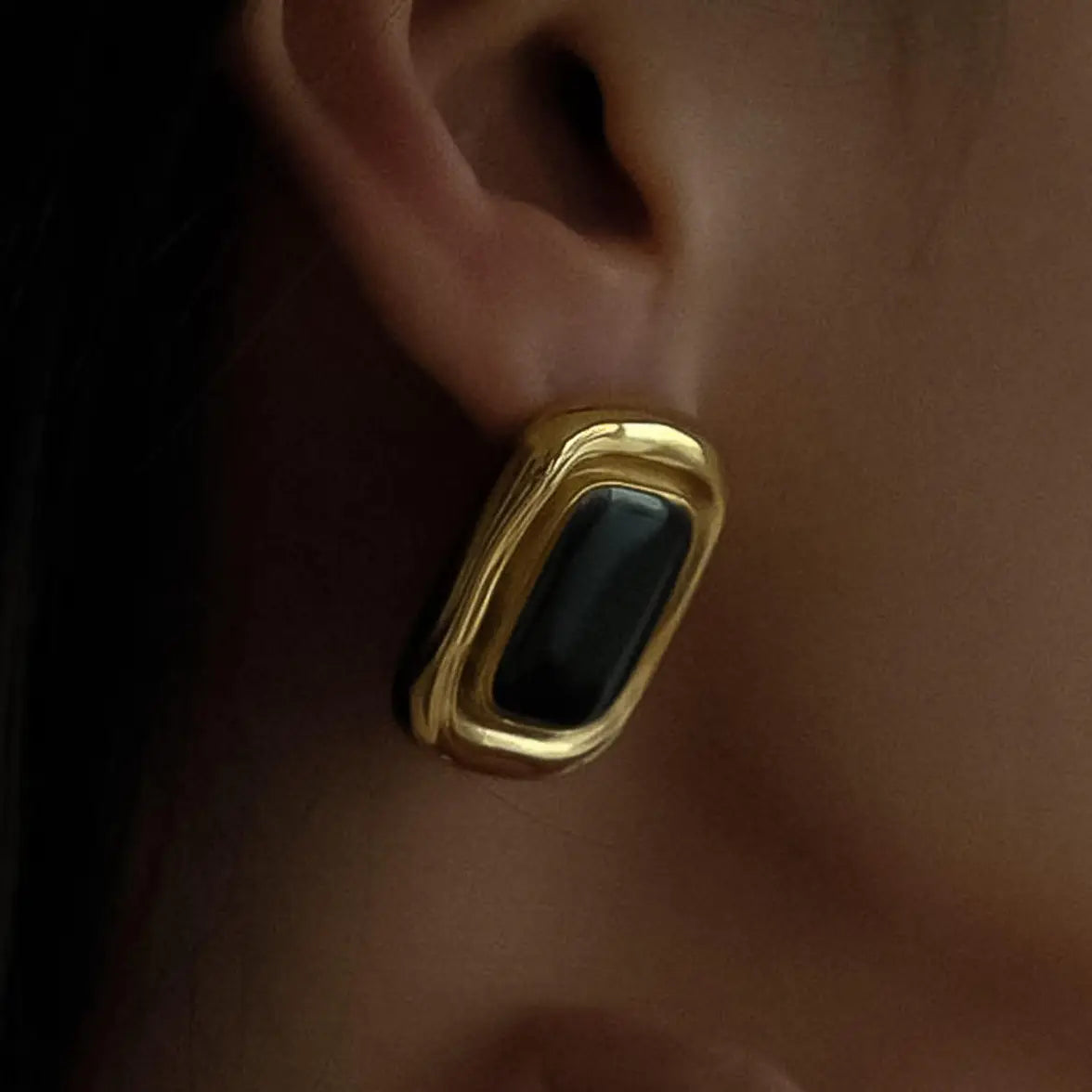 Petra 18K Gold Non-Tarnish Classic Square Stone Earring - Black