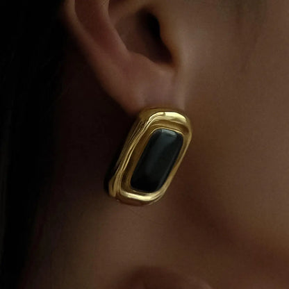 Petra 18K Gold Non-Tarnish Classic Square Stone Earring - Black