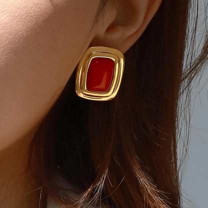 Petra 18K Gold Non-Tarnish Classic Square Stone Earring - Red