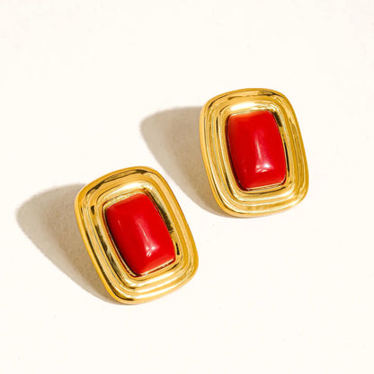 Petra 18K Gold Non-Tarnish Classic Square Stone Earring - Red