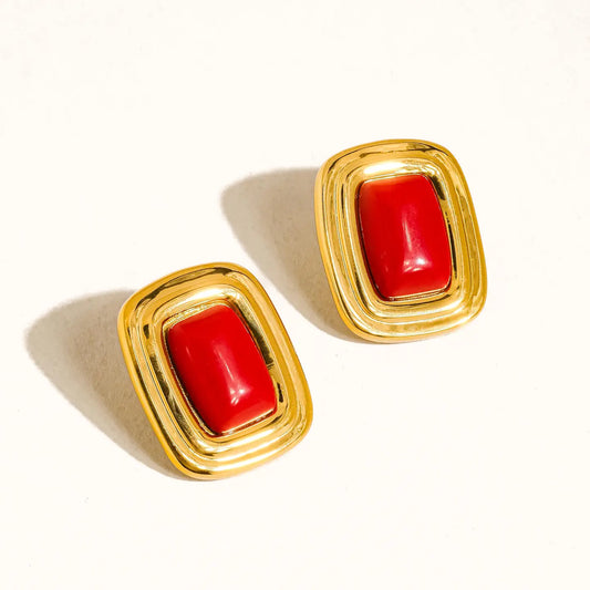 Petra 18K Gold Non-Tarnish Classic Square Stone Earring - Red