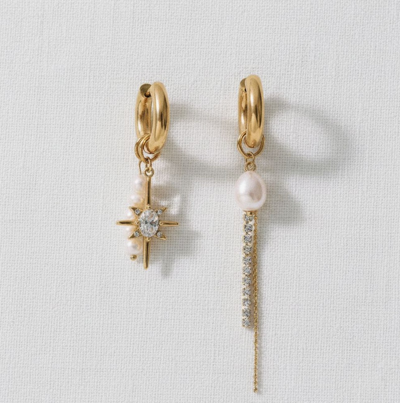Asymmetrical Pearl Starburst Chain Earrings