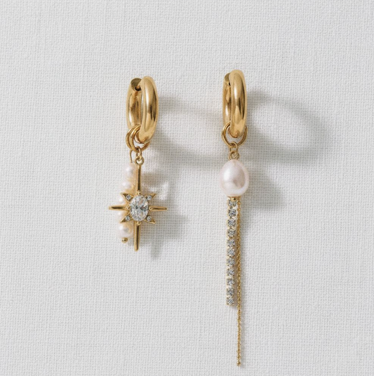 Asymmetrical Pearl Starburst Chain Earrings