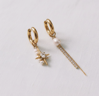 Asymmetrical Pearl Starburst Chain Earrings
