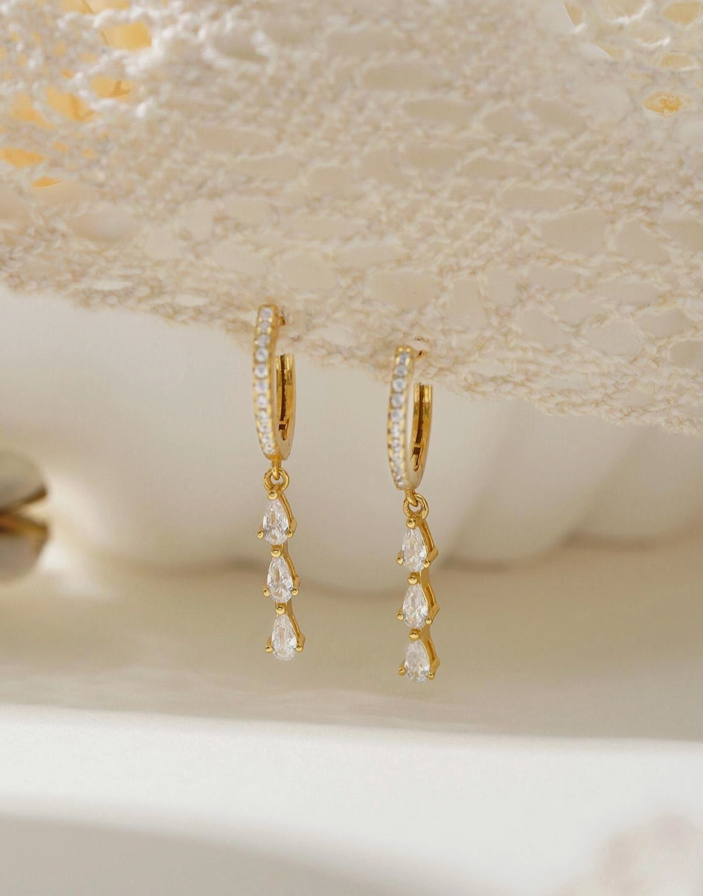 Elegant Dainty Diamond Hoop & Tassel Drop Earrings