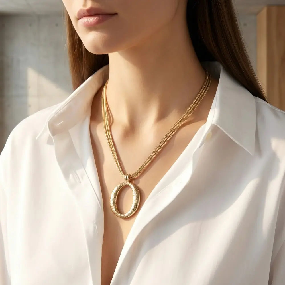 Matte Hammered Gold Oval Pendant Layered Chains Necklace