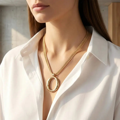 Matte Hammered Gold Oval Pendant Layered Chains Necklace