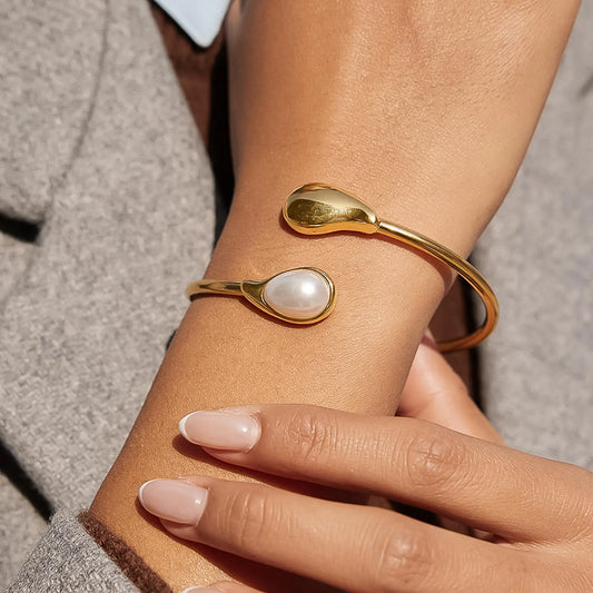 Harbor 18K Gold Non-Tarnish Open Cuff Stone Bracelet