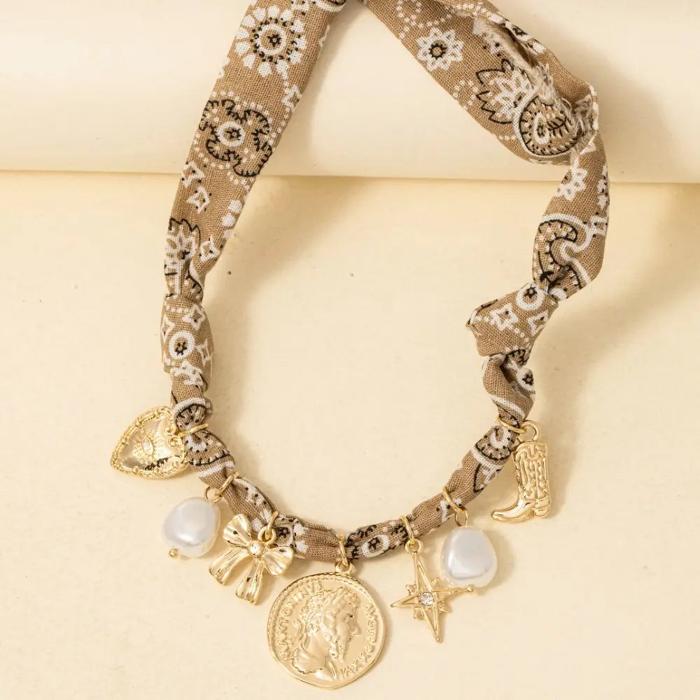 Bow Pearl and Coin Charms Bandana Necklace
