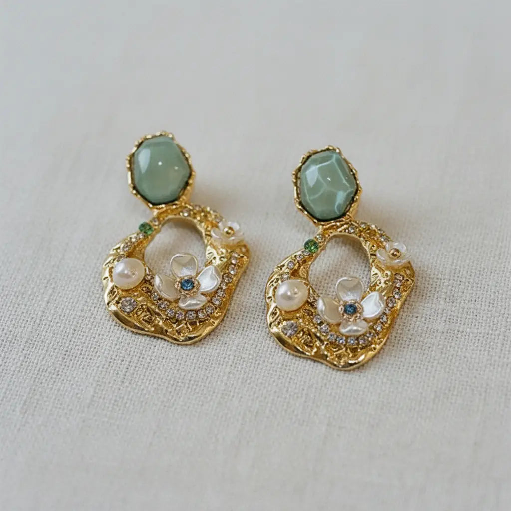 Vintage Pearl Rhinestone Flower Earrings