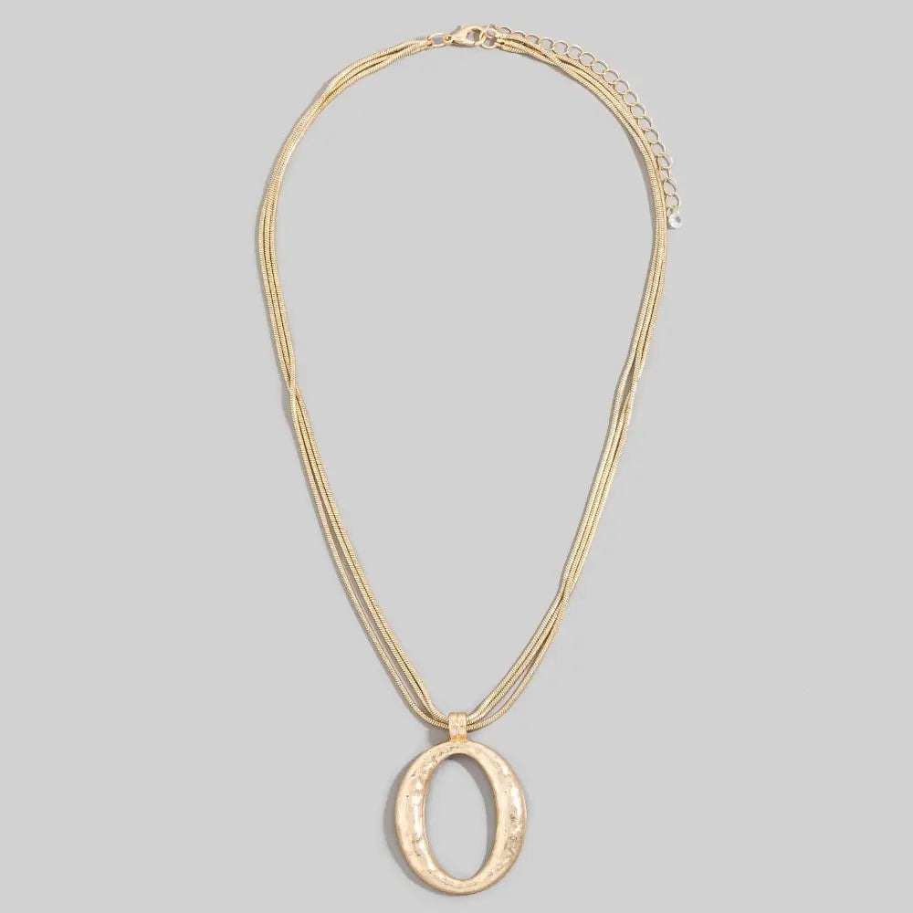 Matte Hammered Gold Oval Pendant Layered Chains Necklace