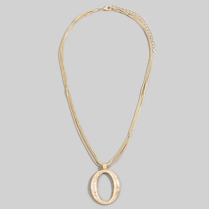 Matte Hammered Gold Oval Pendant Layered Chains Necklace